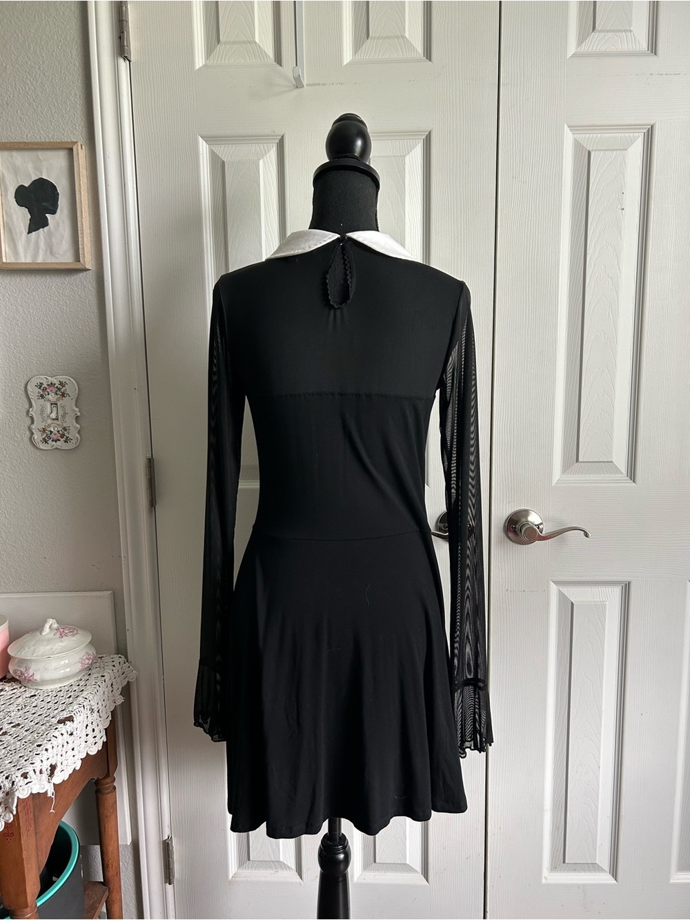 Dolls Kill | Current Mood white collared black mesh long sleeve mini dress - Picture 4 of 9